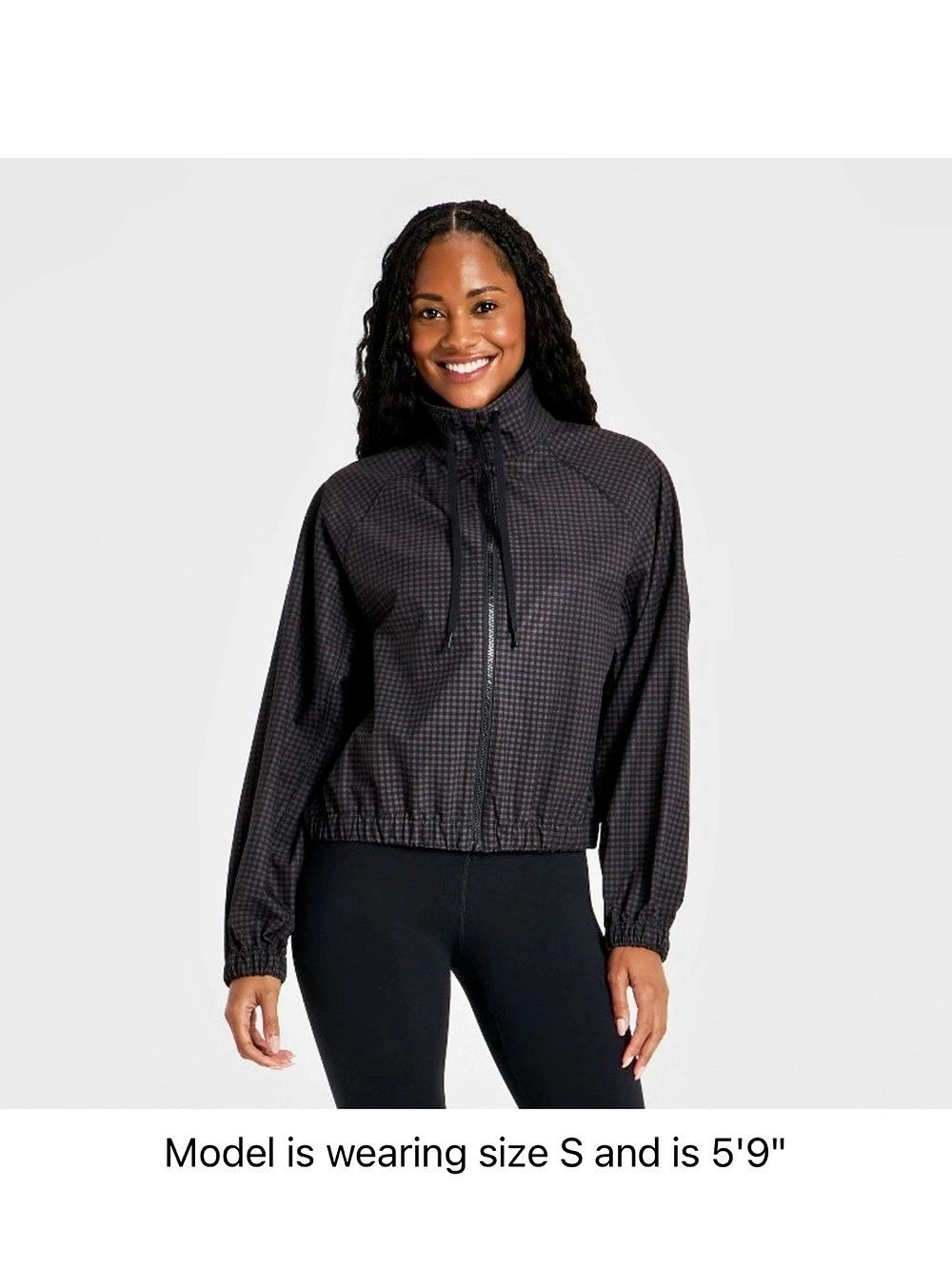 Women’s Picot Trim Windbreaker Jacket - All In Motion Black Gingham Print Size X